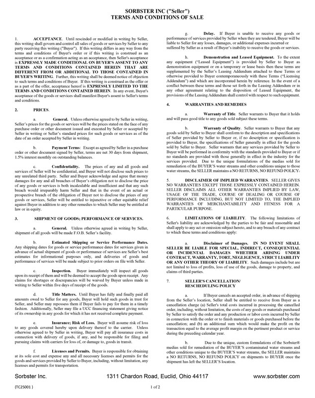 Sorbster Inc Terms and Condition of Sale document 25 02 06  1